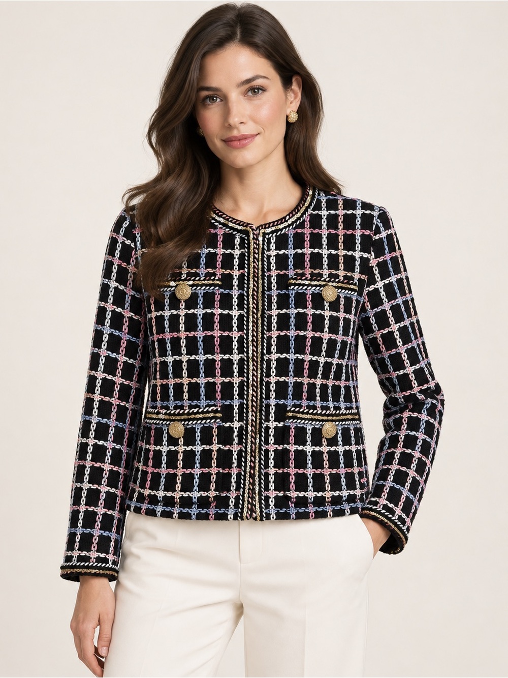 YiWanJia Black Tweed Plaid Jacket Gold Buttons Sequin Trim Women’s S